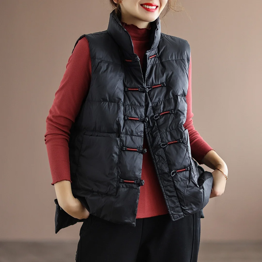 Woherb National Wind Down Vest Female Wear 2024 Winter New Plate Buckle Collar Light Warm White Duck Velvet Vest Coat-Outfit Ideas