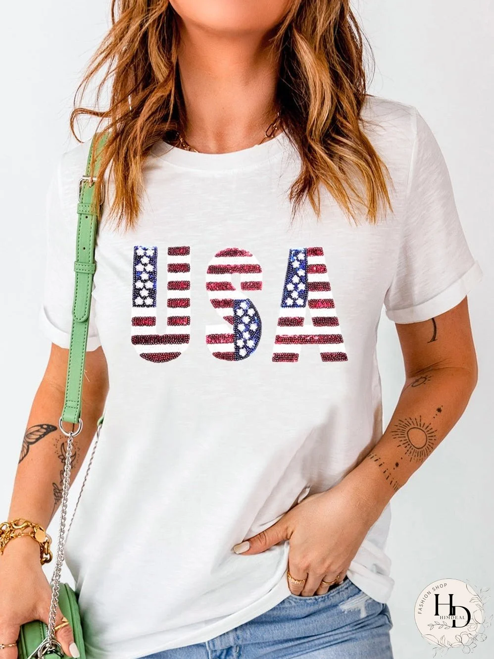 USA Flag Sequin Embellished White Round Neck Tee