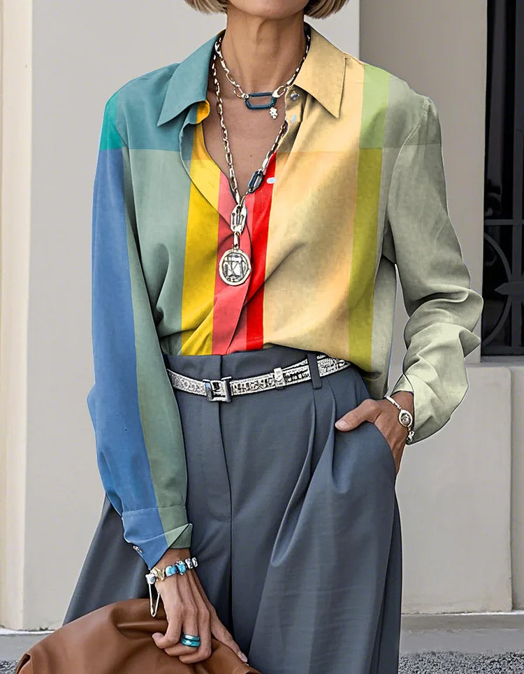 Elegant Abstract Geometric Art Print Lapel Casual Long Sleeve Shirt