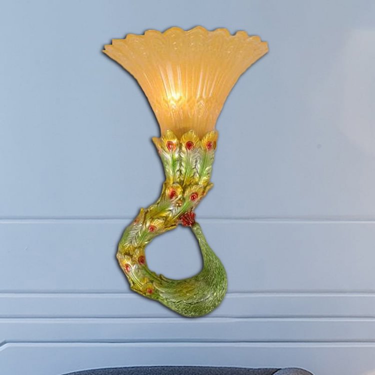 Scalloped Amber Glass Wall Lamp Country Style 1 Head Bedroom Wall Light Fixture with Green/Gold Peacock Design