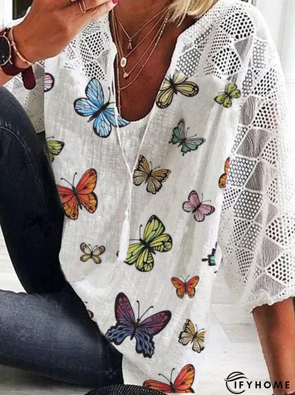 3/4 Sleeve Printed Casual Cotton-Blend Top | IFYHOME