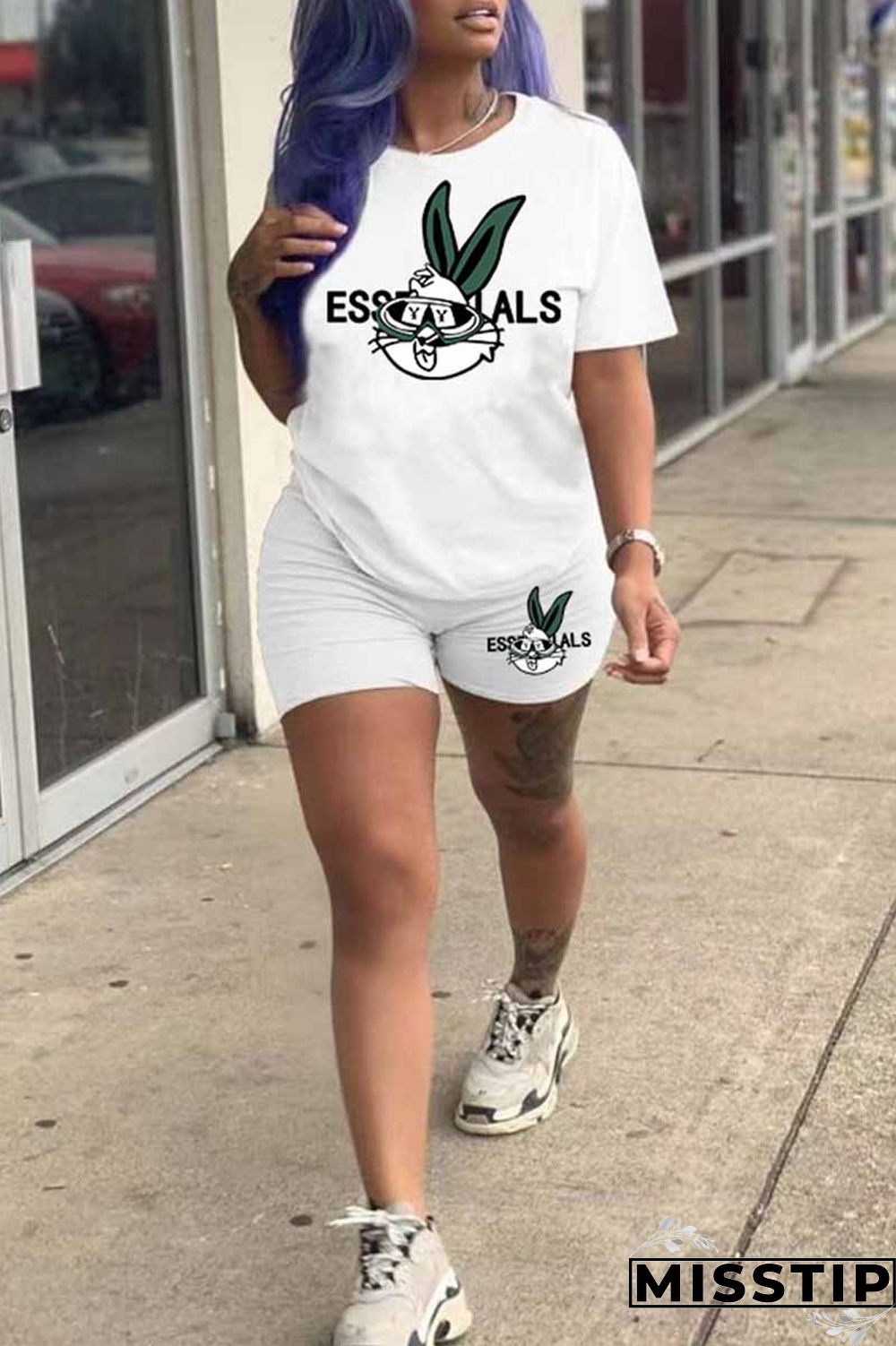 White Casual Character Print Letter O Neck Short Sleeve Two Pieces