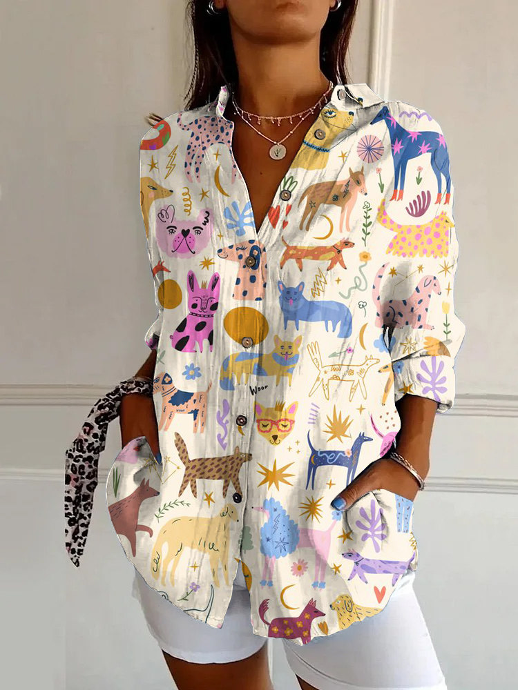 Funny and Cute Cartoon Dog Print Casual Long Sleeve Shirt