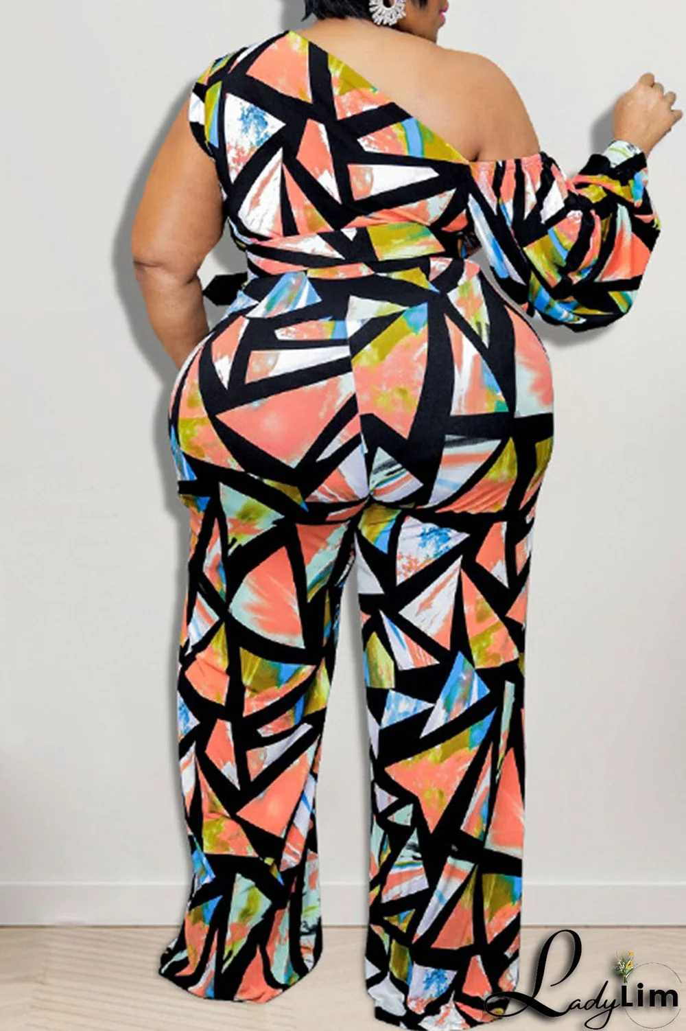 Blue Casual Print Split Joint Oblique Collar Plus Size Jumpsuits