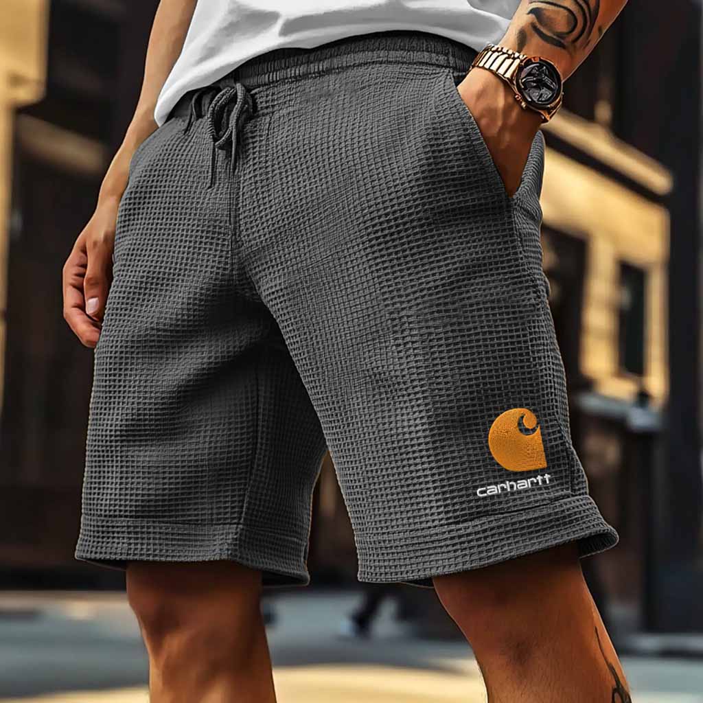  Waffle Texture Shorts with Logo Embroidery for Men