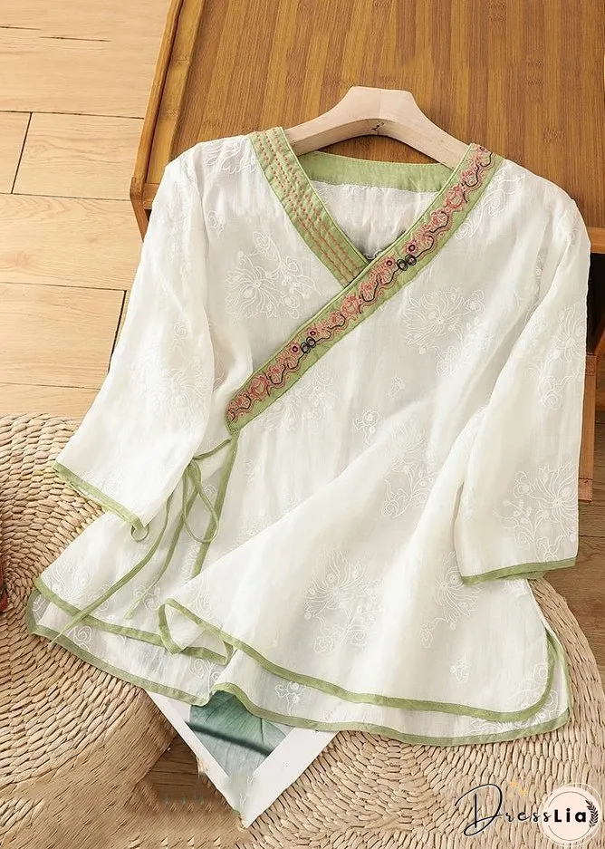Handmade White Embroidered Lace Up Cotton Shirts Bracelet Sleeve