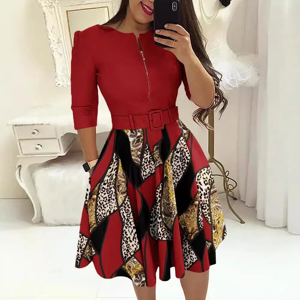 Uveng Uveng New Round-Neck Printing Belt Fashion Casual Commuter Dress Woman