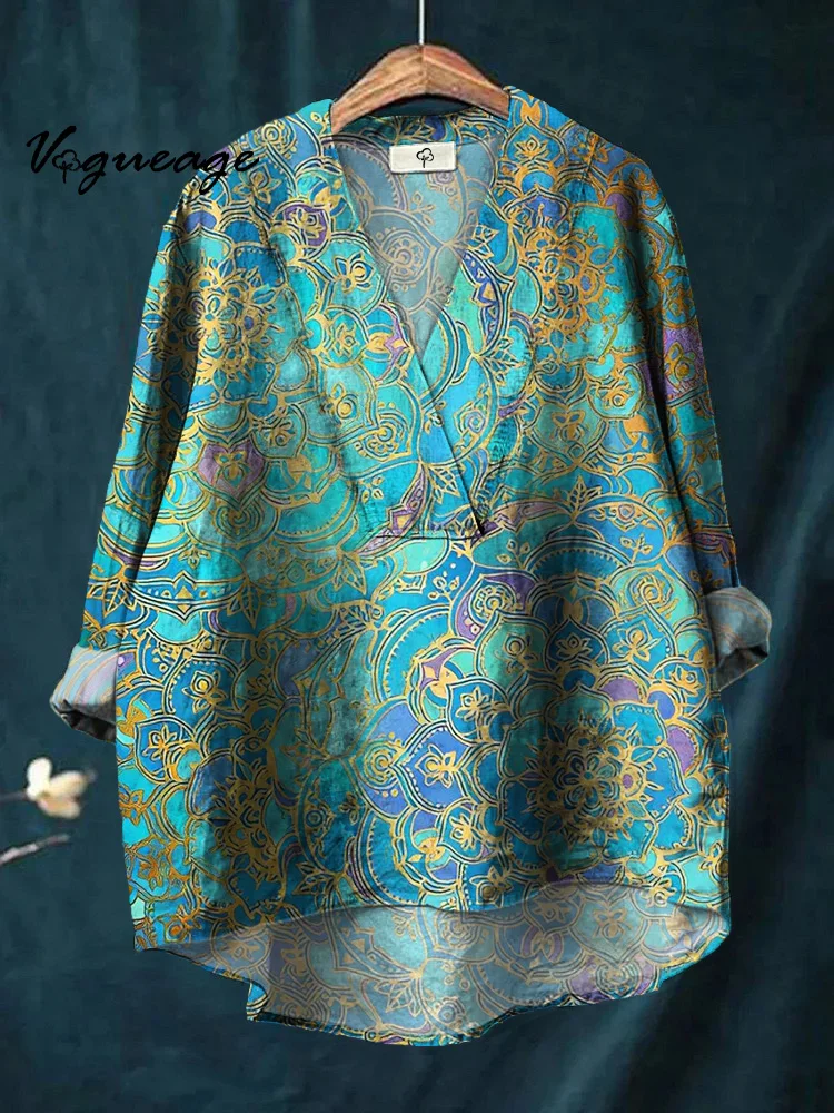 Elegant And Dignified Lines Plants And Flowers Print Cotton And Linen Shirt