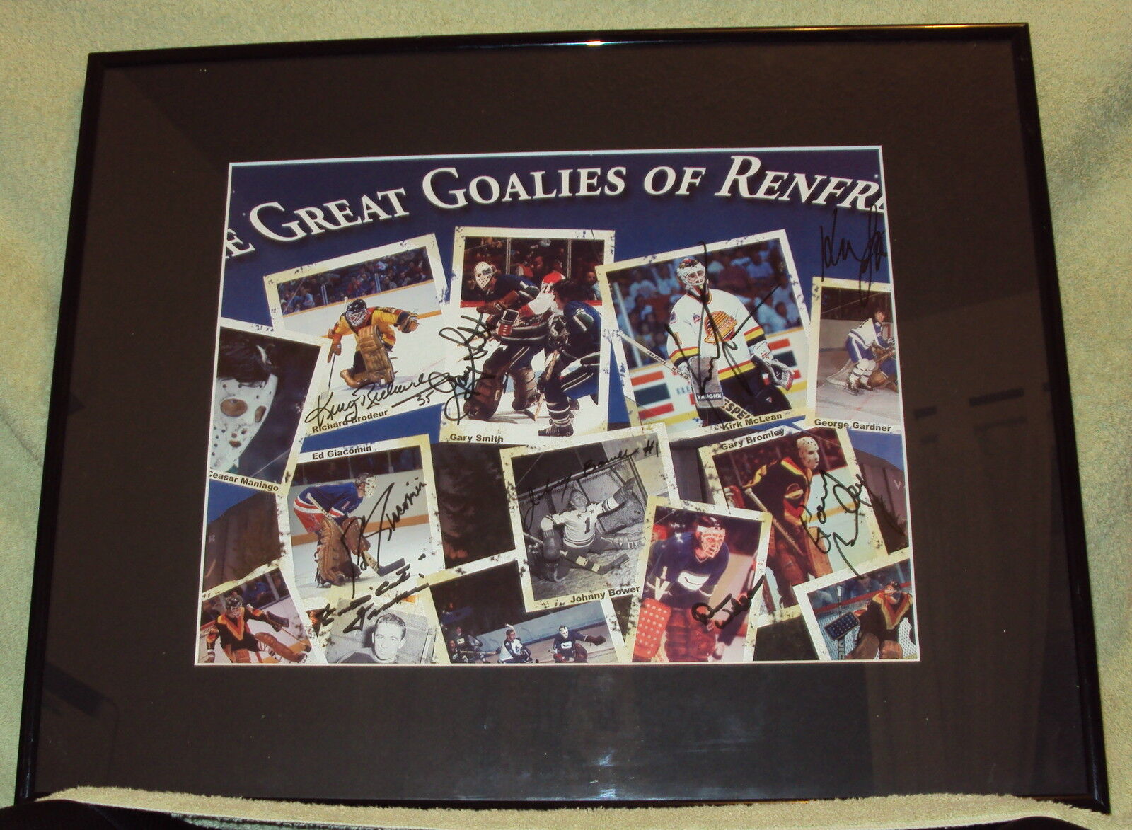 9 HOCKEY GOALIES AUTOGRAPHS GIACOMIN JOHNNY BOWER BRODEUR 17X20 FRAMED PSA DNA