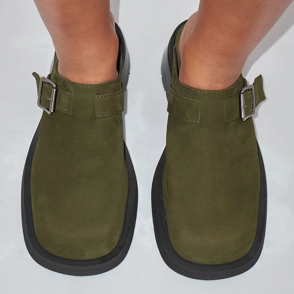 Casual Olive Square Toe Buckled Clogs Block Heeled Mules for Women