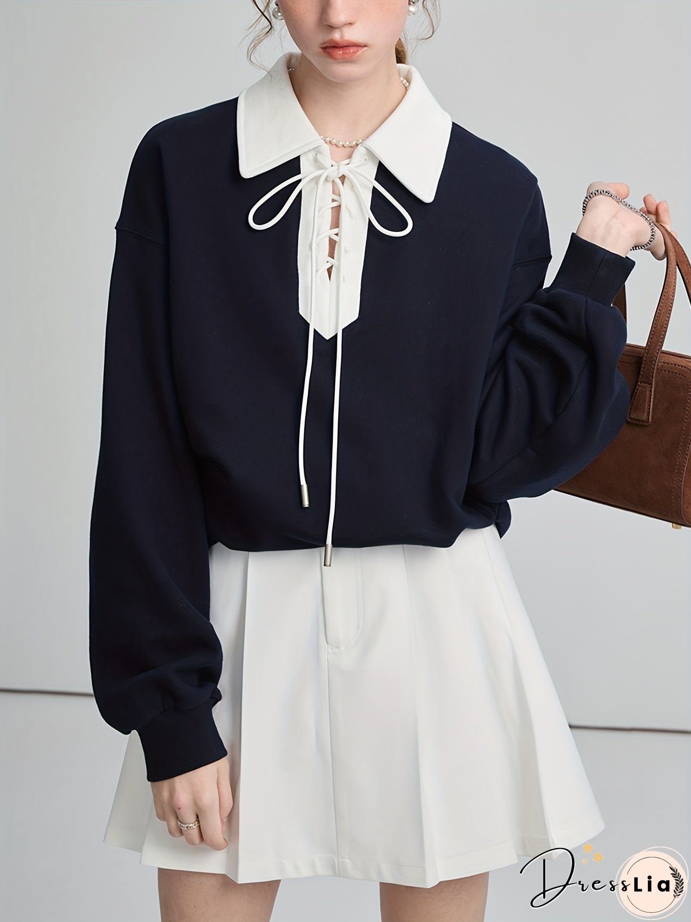 Lace Up Pullover Lapel Sweatshirt, Stylish Long Sleeve Sweatshirt For Fall & Winter, Women's Clothing