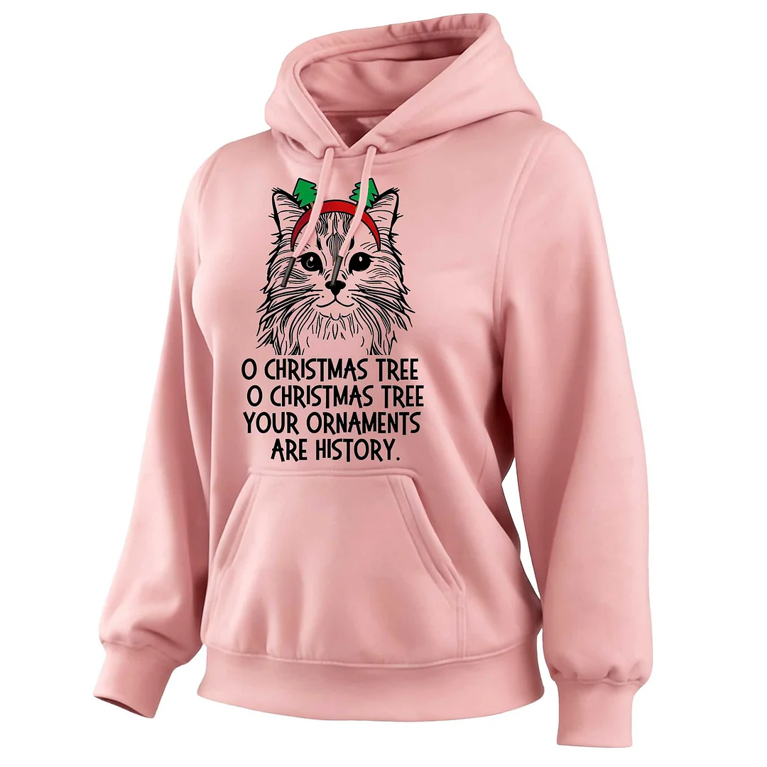 Women's Vintage Cat Christmas Print Pocket Long-Sleeve Apricot Hoodie