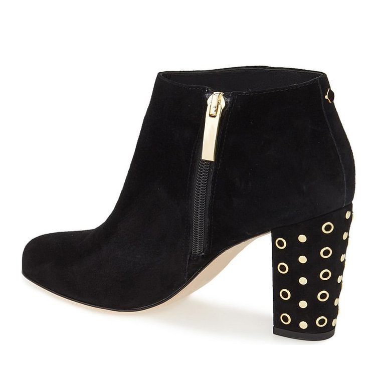 Black Suede Chunky Heel Boots Round Toe Studs Ankle Boots |FSJ Shoes