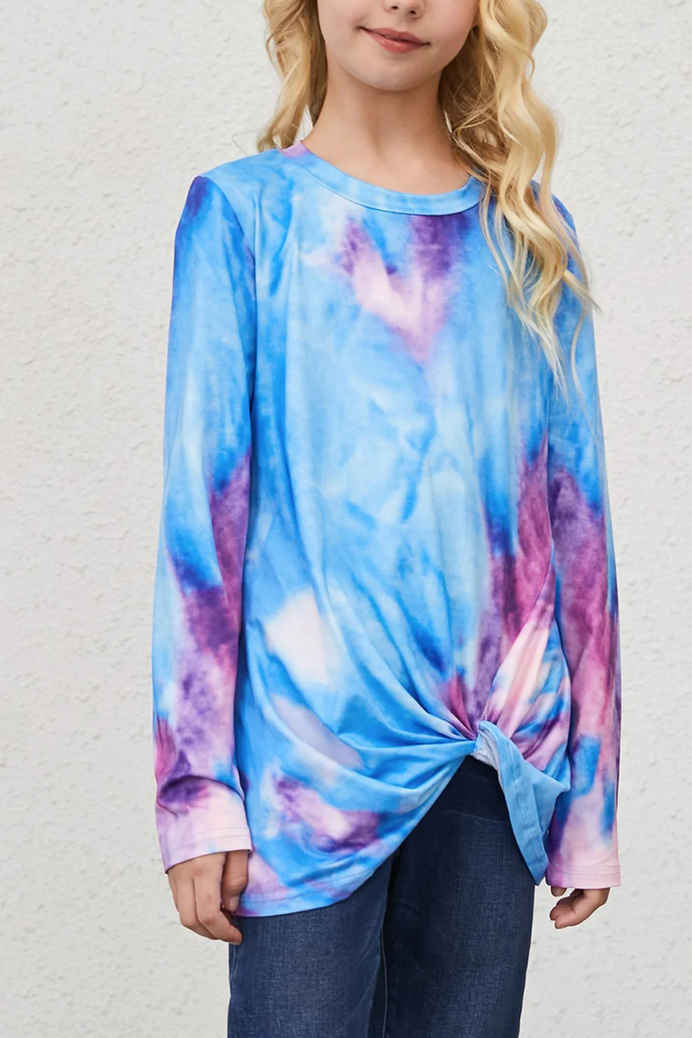 Sky Blue Tie Dyed Twist Knot Girl's Long Sleeve Top | IFYHOME