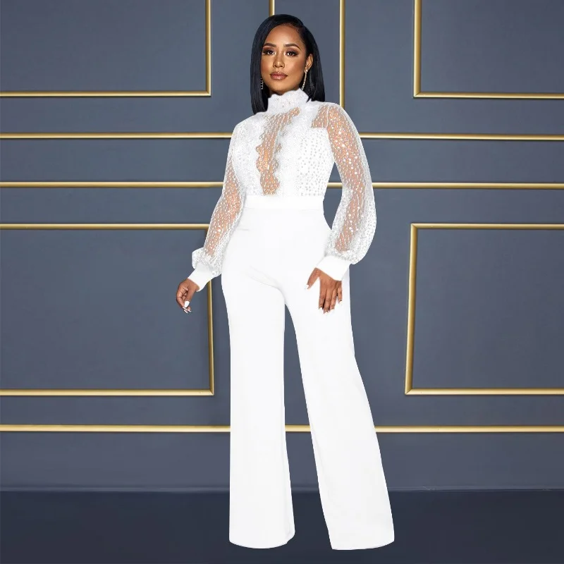 Women's Sexy Lace Mesh Patchwork Sequins Crochet Party Wide Leg Jumpsuits