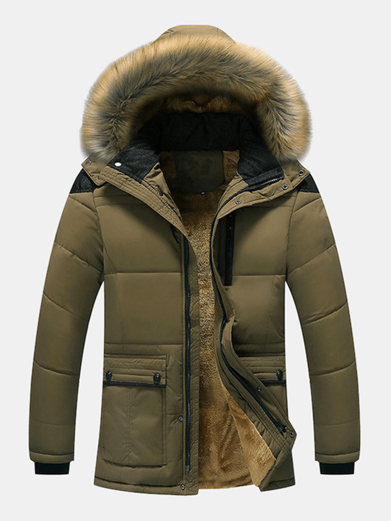 Mens Solid Color Fleece Lined Long Sleeve Thicken Detachable Faux Fur Collar Hooded Coats