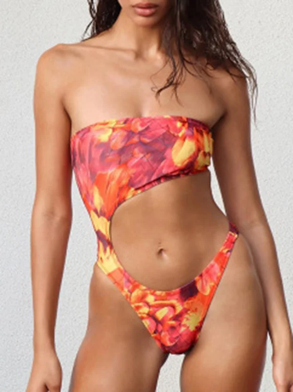 Off-The-Shoulder Bandeau Floral Print Hollow Monokini Swimwear