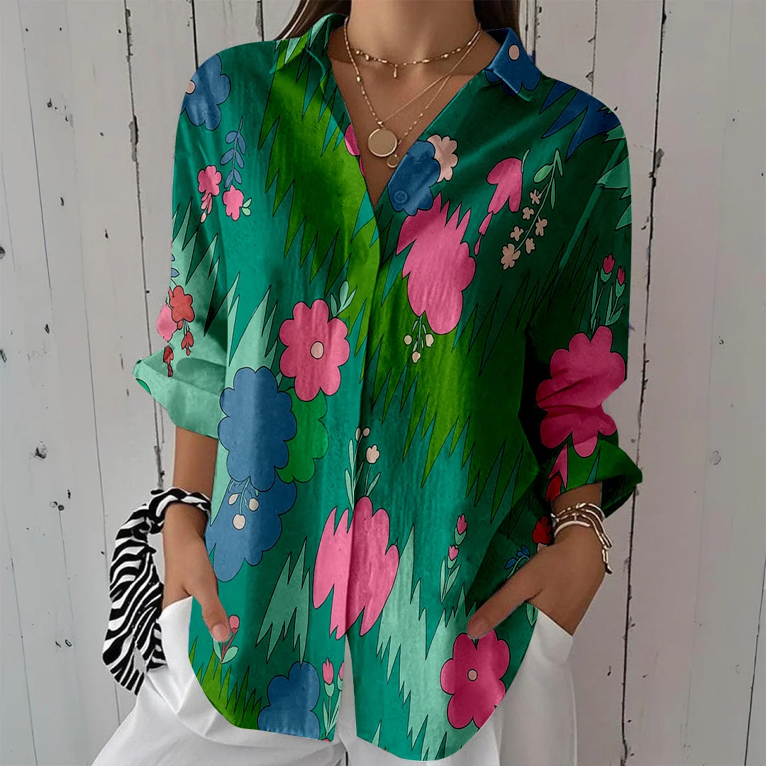 Style & Comfort for Mature Women Women Painting, Green, Pink DZCL0499 3/4 Sleeve Shirt Collar Printed Button Tops