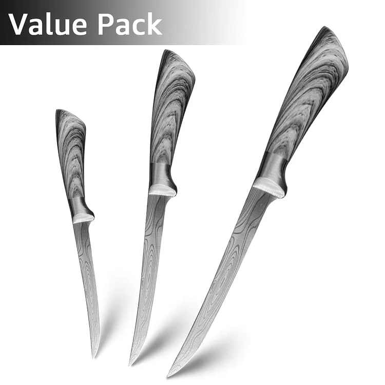 3 Piece Stainless Steel Sharp Boning Knife Set, 6 7 8 Inch Damascus Laser Professional Fish Slicing Knife
