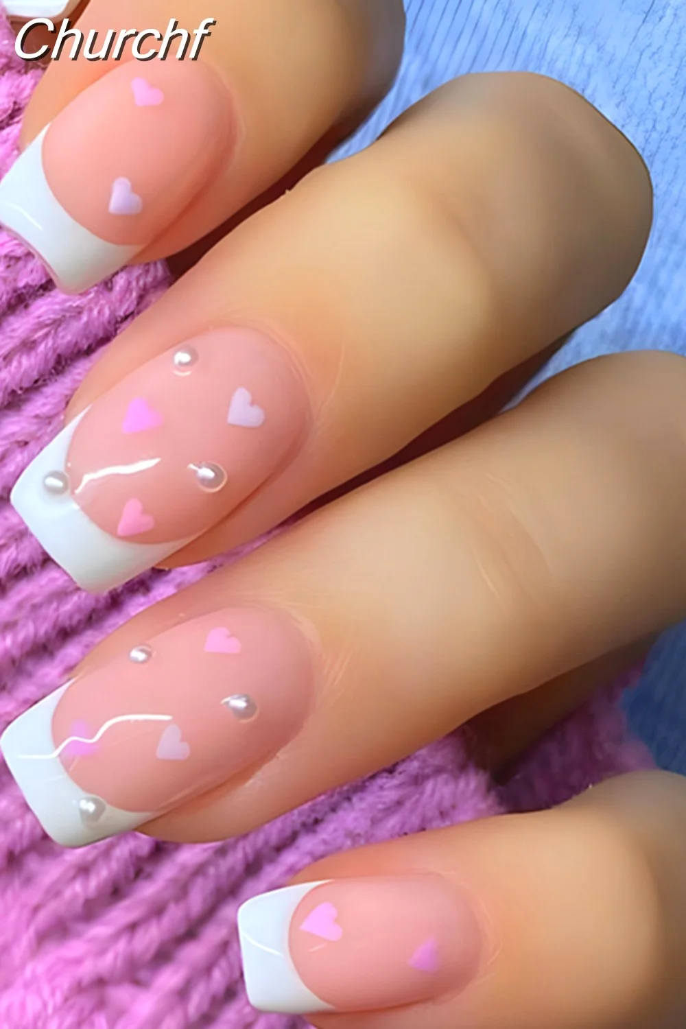 Churchf Wave Line Short Ballet French False Nails With Flower design Square Head Fake Nail Tips Simple Wearable Press On Nails-Nail Inspo