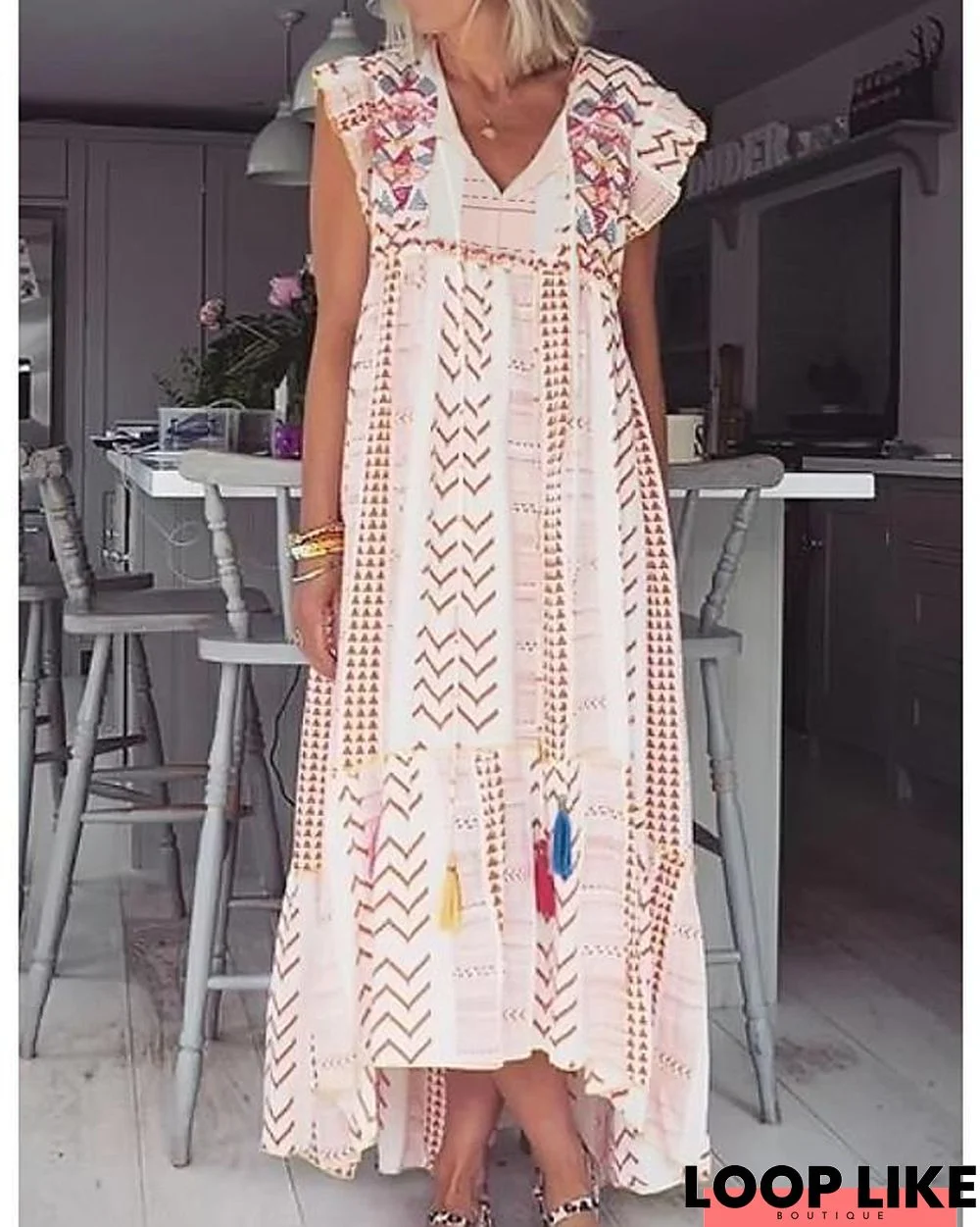 Women's A-Line Dress Maxi Long Dress Short Sleeve Print Summer Casual Chinoiserie Blushing Pink