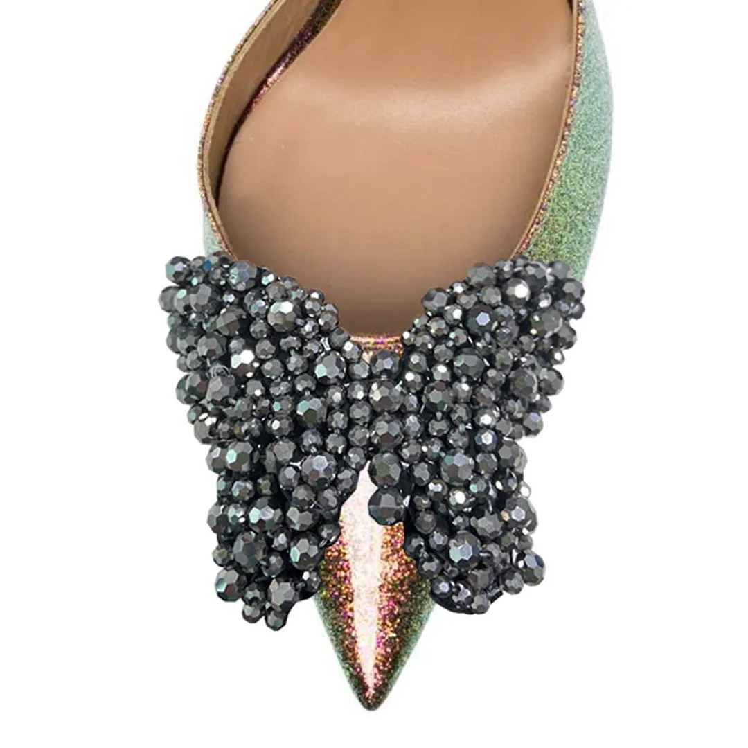 Green Iridescent Glitter Rhinestone Butterfly Ponited Toe Heels