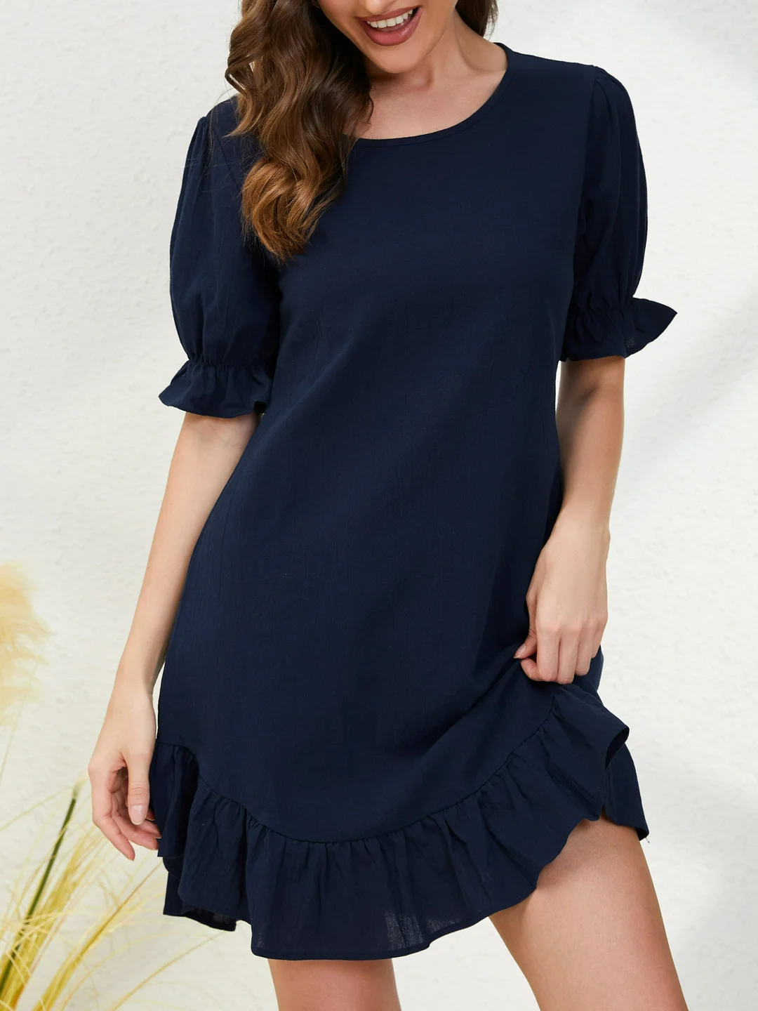 Summer Lace Sleeve Short Sleeve Solid Color Crewneck Dress
