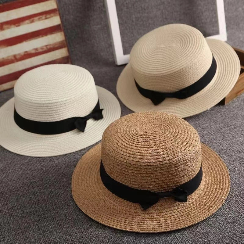 Straw Hat Summer Travel Bow Big Flat Top Hat Sunshade Sun Protection Retro Small Top Hat Beach Hat
