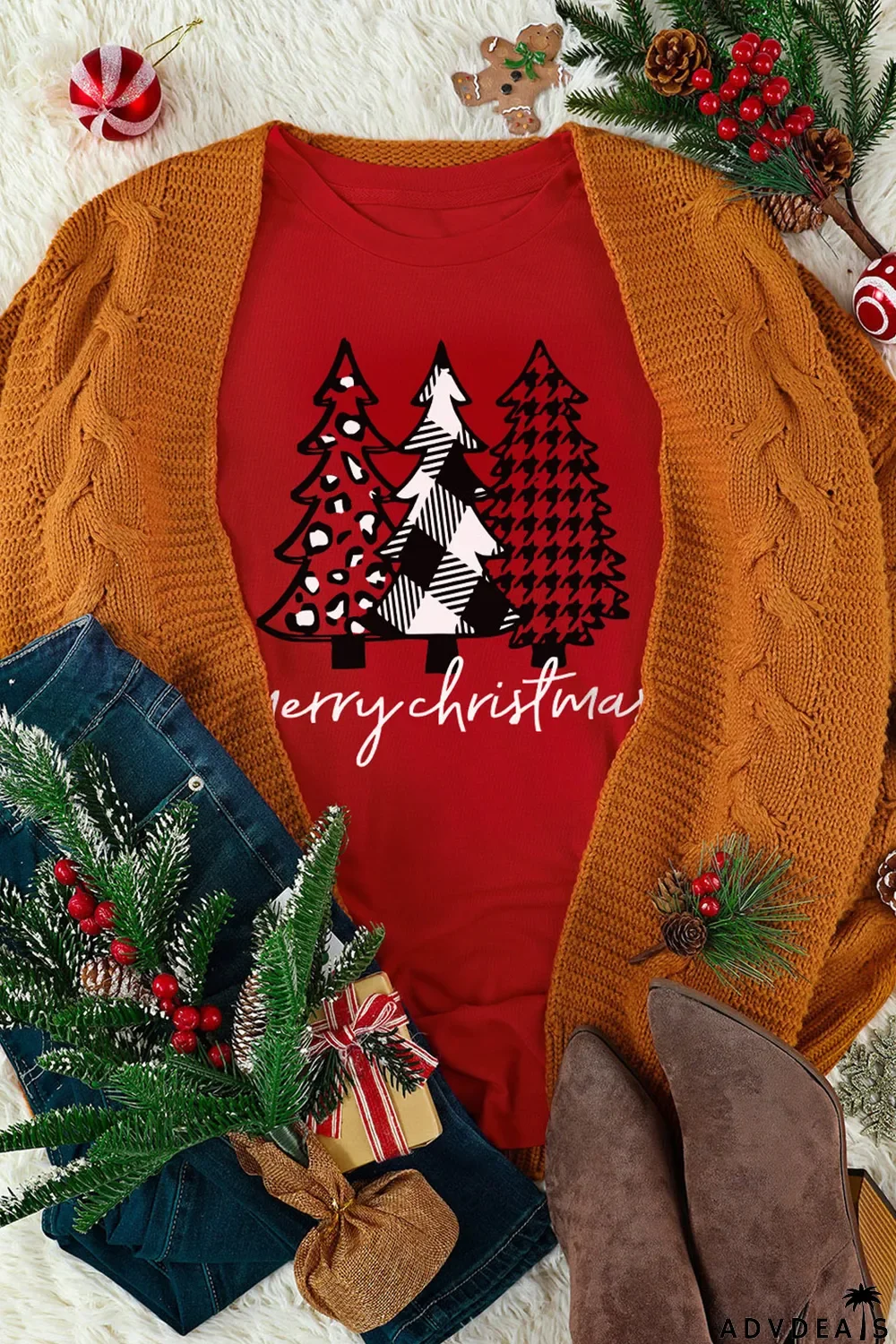 Red Merry Christmas Trees Graphic Print Short Sleeve T Shirt