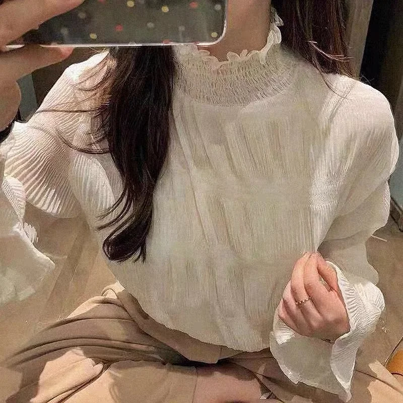 Uveng Uveng And Autumn New Chiffon Shirt Women's Horn Sleeves Super Fairy Loose Lotus Leaves Half High Collar Inside The Ocean Gas Bottom Shirt