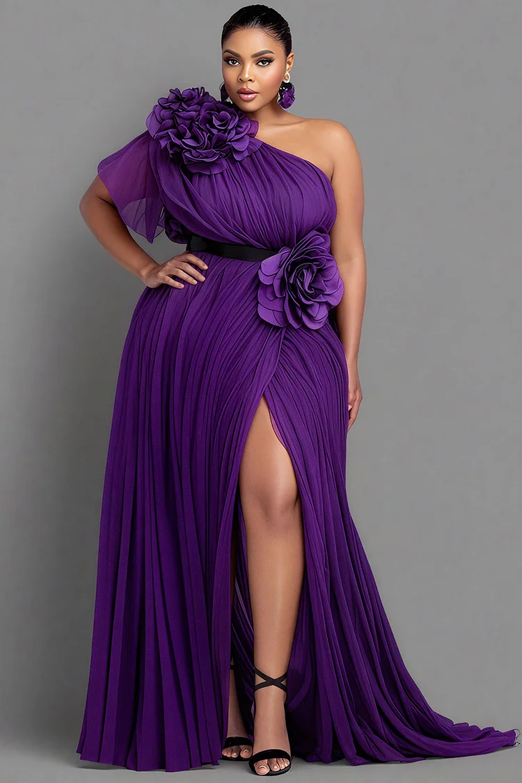 Xpluswear Design Plus Size Formal Purple One Shoulder Short Sleeve 3D Elegant Split Chiffon Maxi Dresses 2024 - Xpluswear