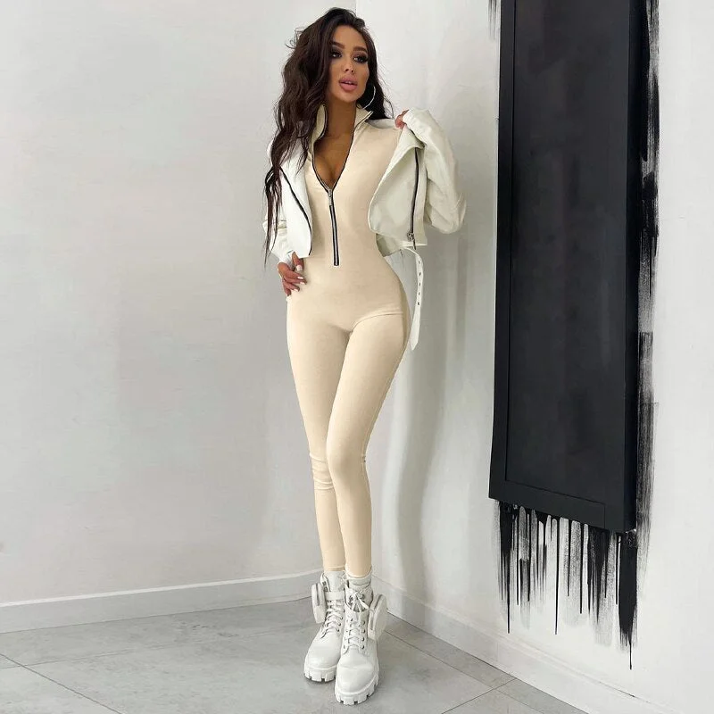 Dulzura 2021 Autumn Winter Women Solid Long Sleeve Zipper Jumpsuit Skinny Sexy Streetwear Casual Rompers Sportswear