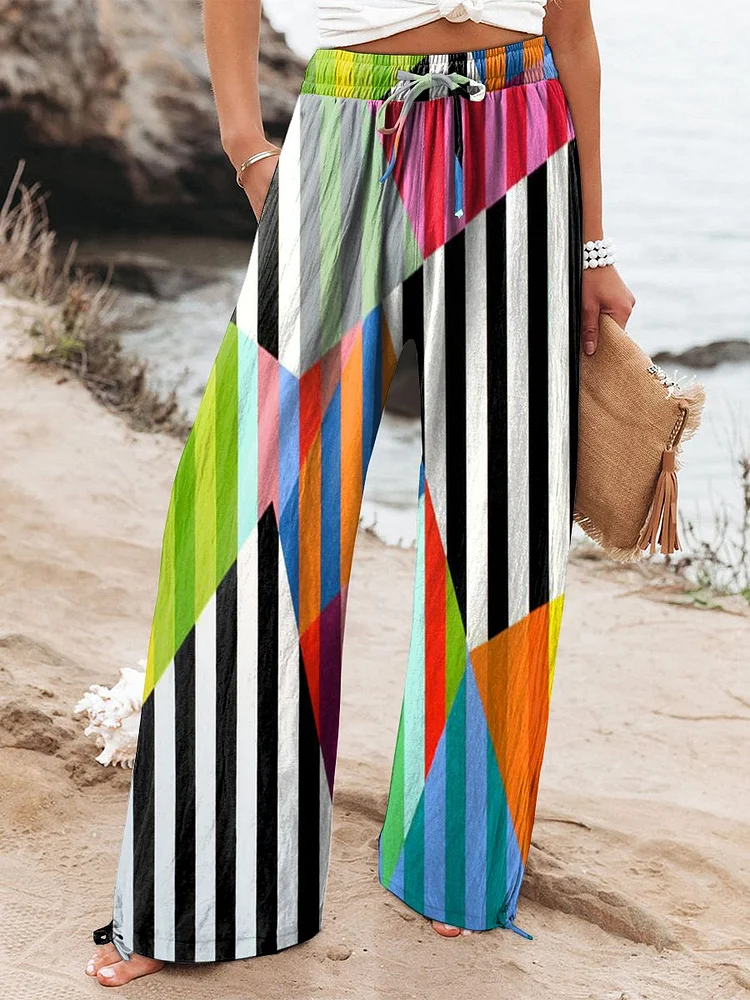 Women's Black Stripes Colorful Geometric Print Cotton And Linen Casual Pants