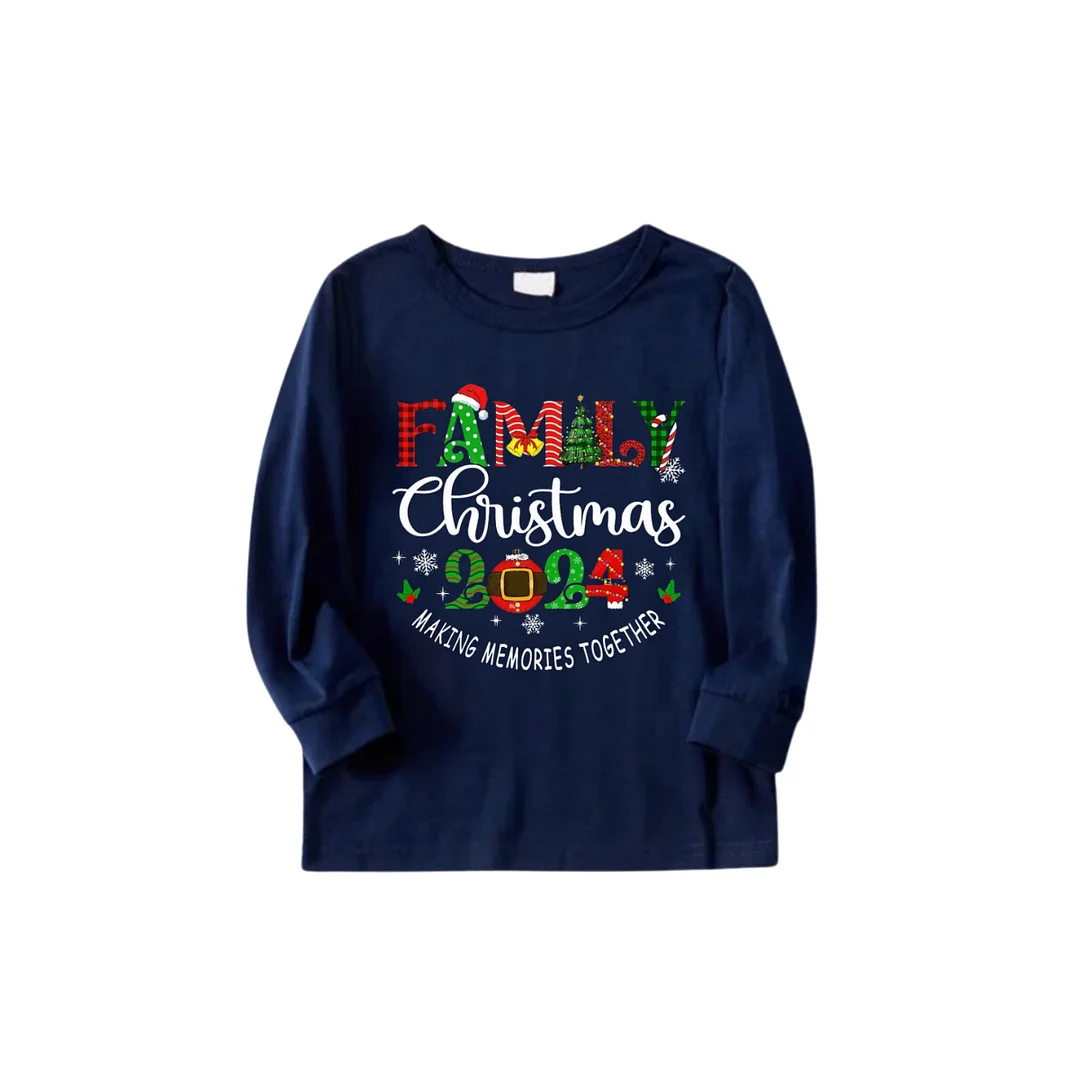 Cute "Family Christmas 2024" Text Prints Blue Long Sleeves Top with Red and Blue Plaid Pants Christmas Matching Pajamas