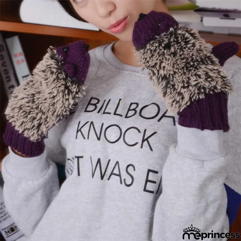 Creative Cute Hedgehog Knitted Warm Mittens