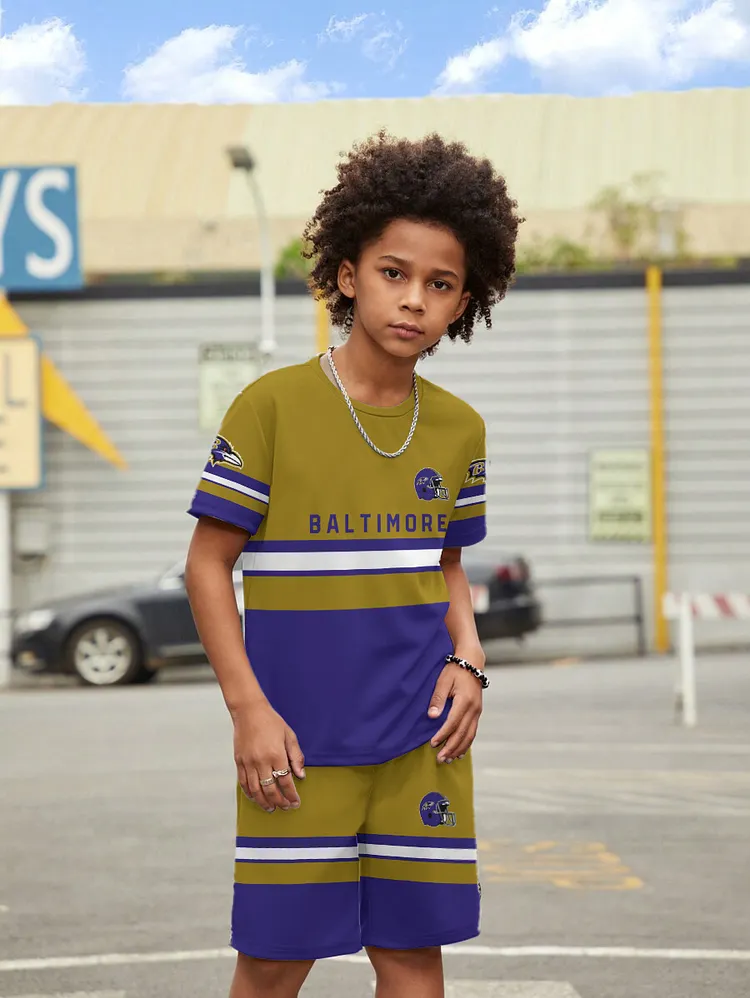 Baltimore Ravens New Design Kids（5-14Y)' Casual Crew Neck T-shirt And Drawstring Shorts  2pcs/Set