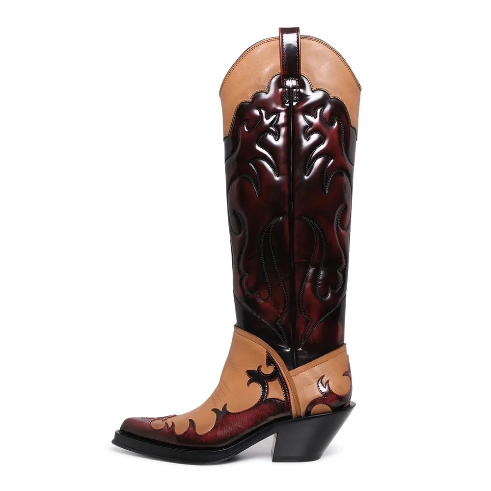 Light Brown & Maroon Chunky Low Stitching Tall Cowboy Boots for Women