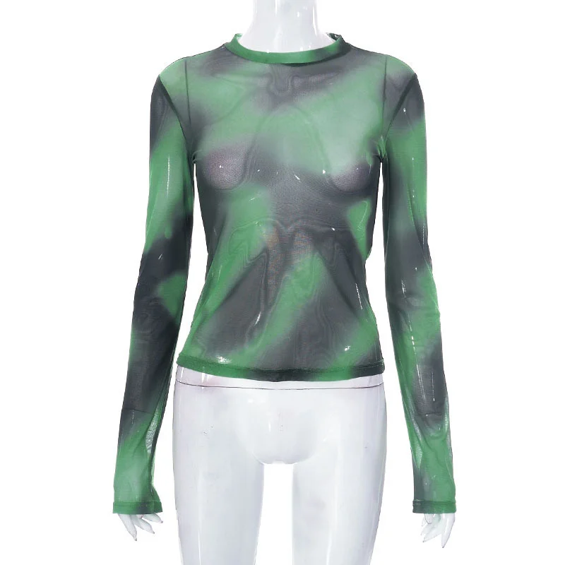 Uveng New Sweet And Cool Gradient Dizzying Mesh Printing Micro-Permeable Long-Sleeved Top Lady