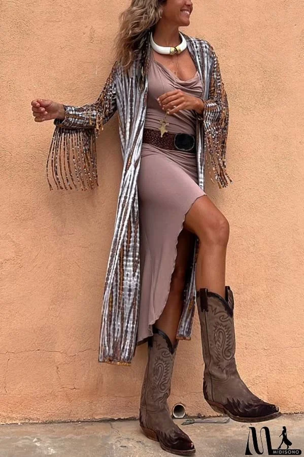 MidiSono - Evaluna Tie-dye Print Tassel Sleeve Midi Cover-up