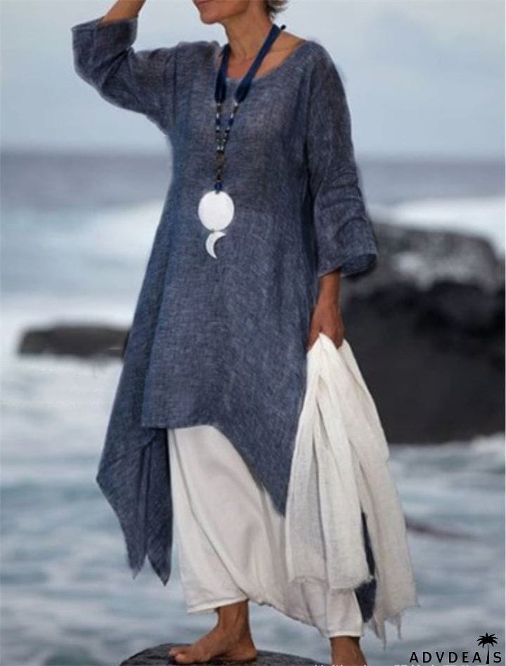 Vintage Asymmetric 3/4 Sleeve Crew Neck Linen Plus Size Dress