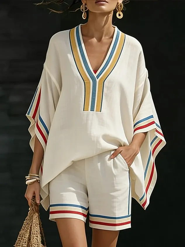 Casual Striped Printing V Neck Raglan Sleeves Blouse mysite idetrend