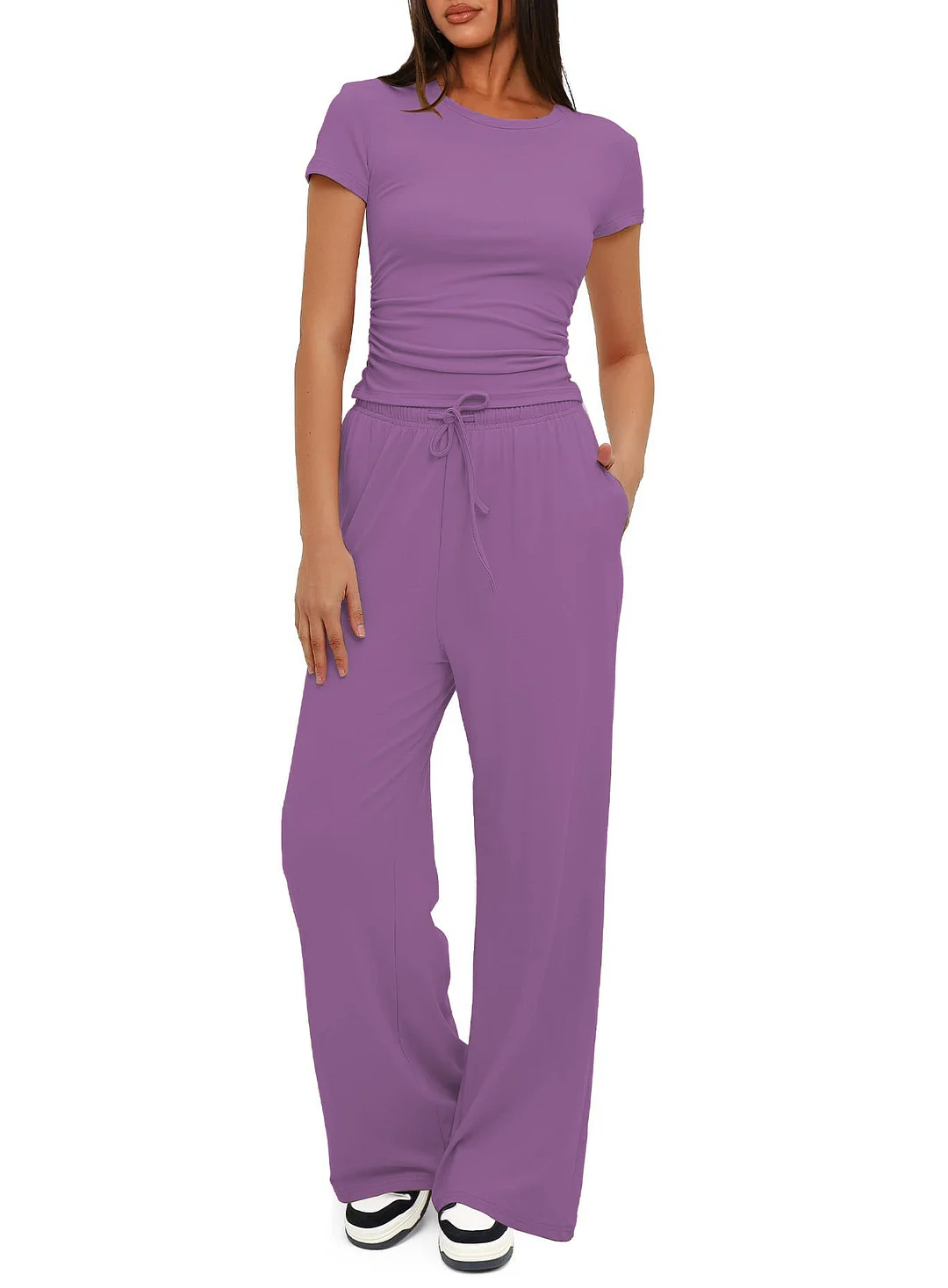 Nigikala Nigikala Suit Folding 2025 New Solid Short-Sleeved Top High-Rise Broad Leg Pants Sportswear