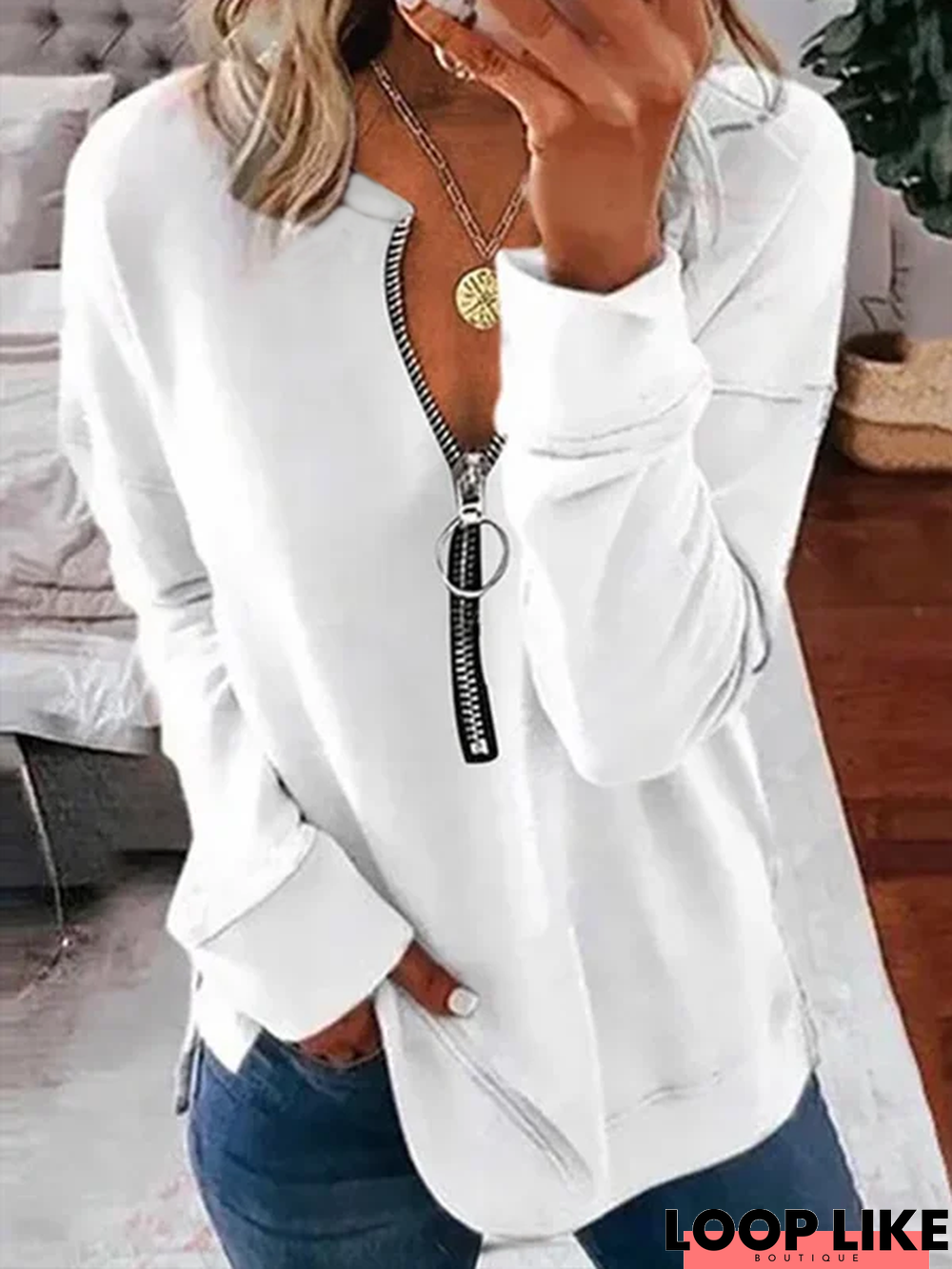 Long Sleeve V Neck Casual Solid Tunic Sweatshirt