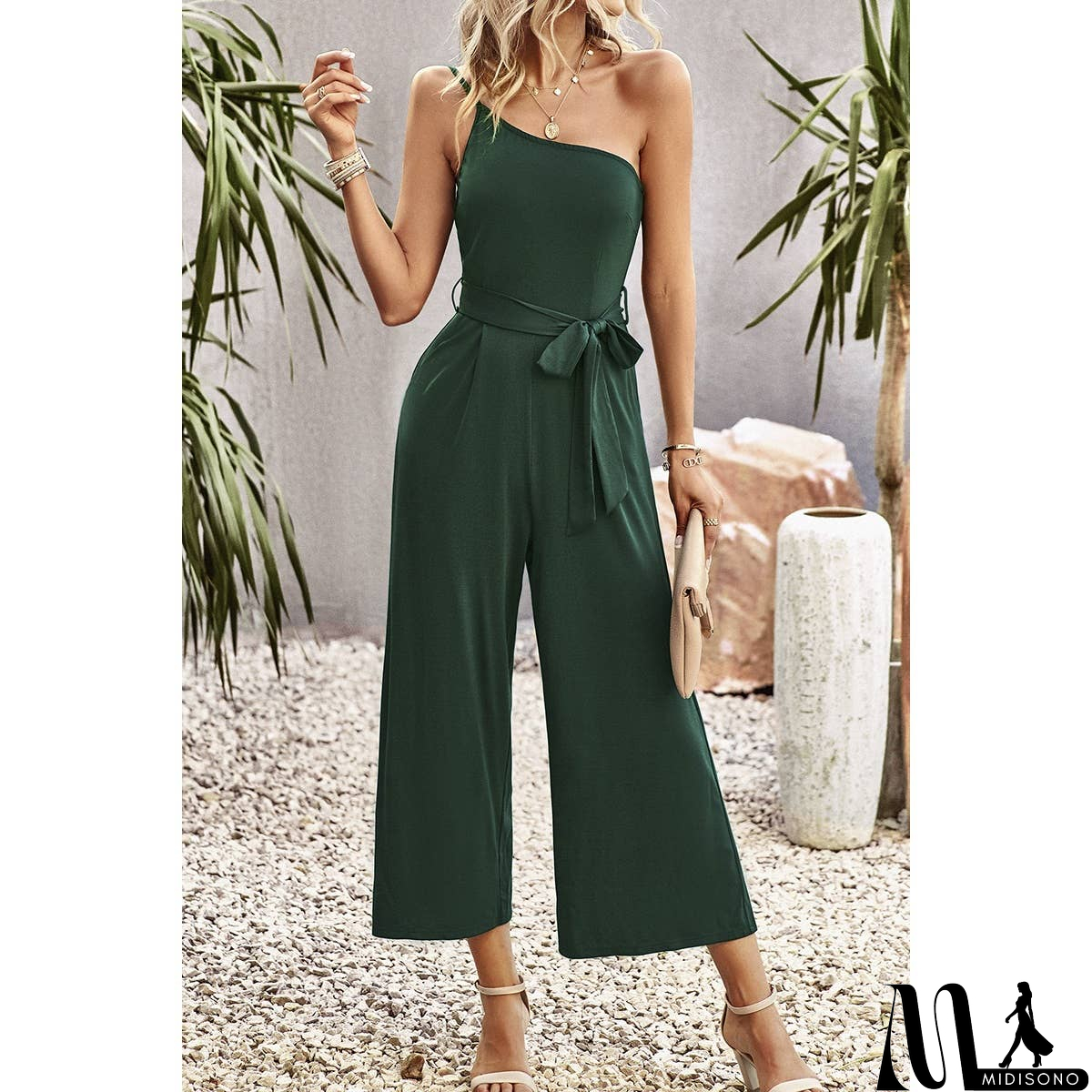 MidiSono - One Shoulder Belt Knot High Waist Jumpsuit