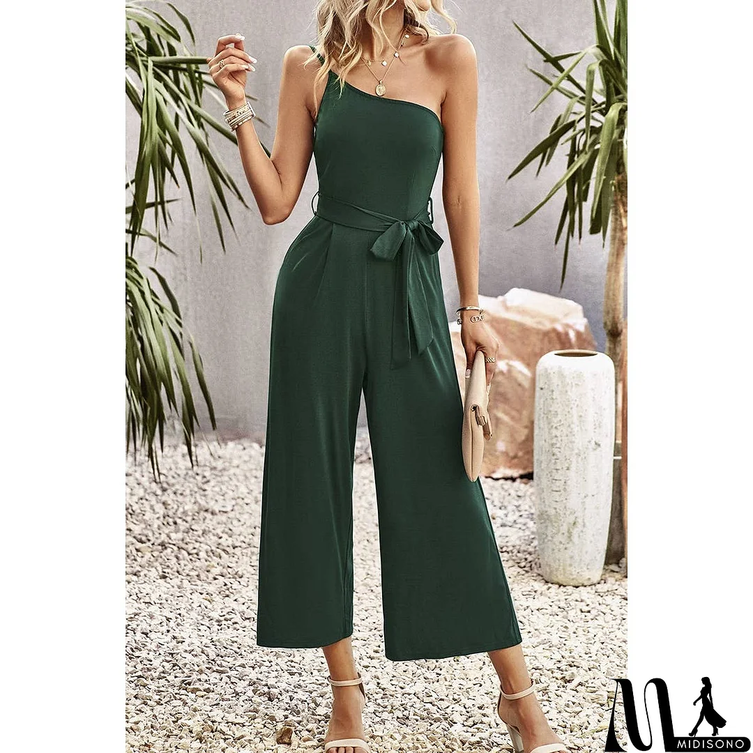 MidiSono - One Shoulder Belt Knot High Waist Jumpsuit