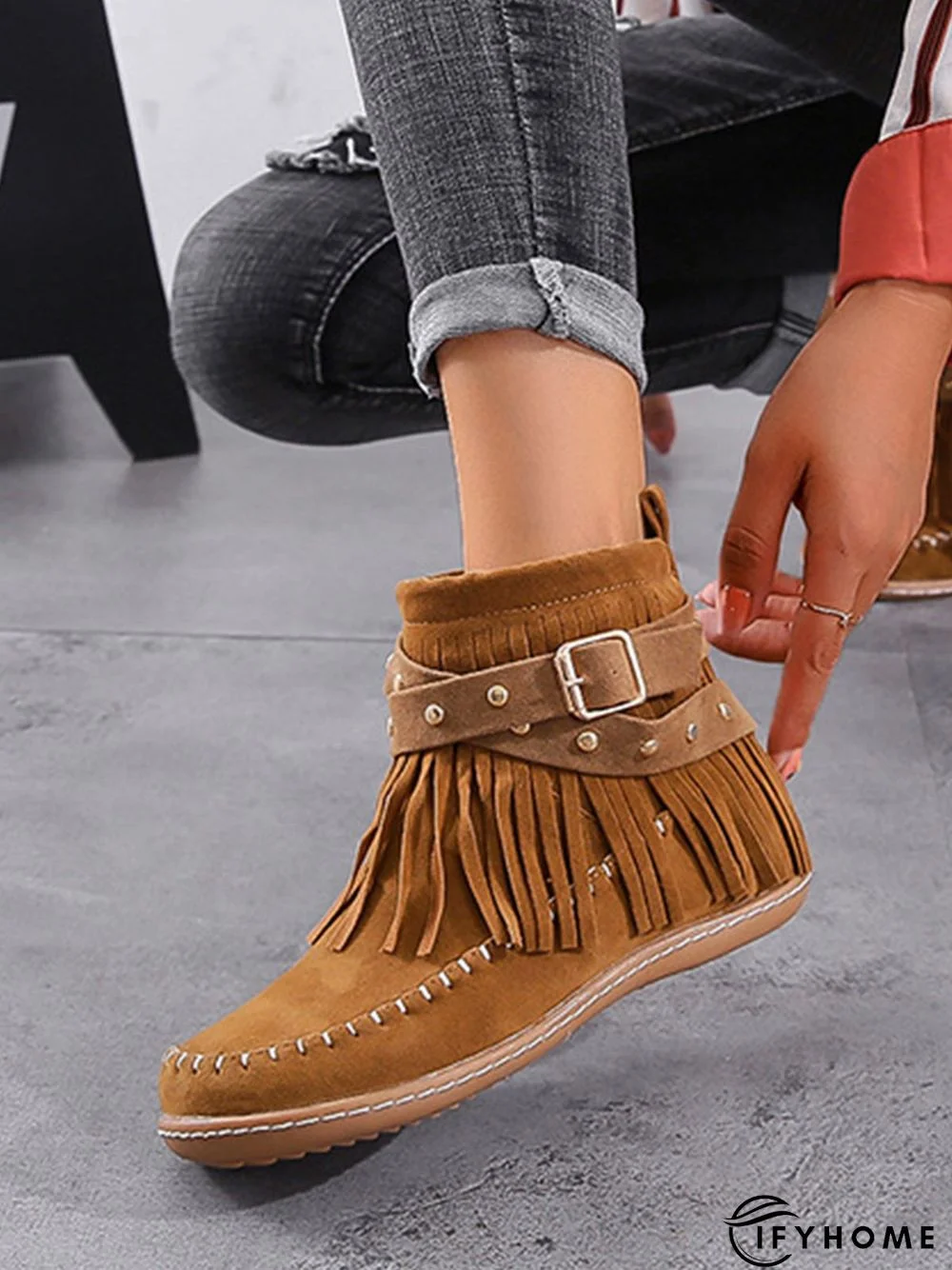 Vintage Fringe Studded Flat Round Toe Buckle Booties | IFYHOME