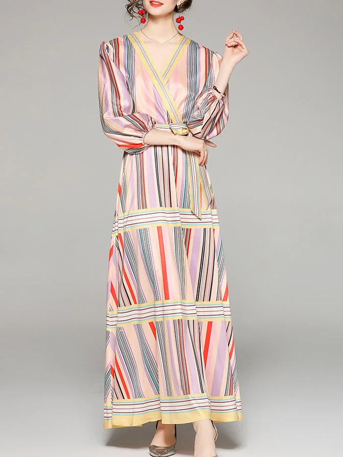 V-neck Long-sleeved Tie-waist Striped Printed A-line Dress