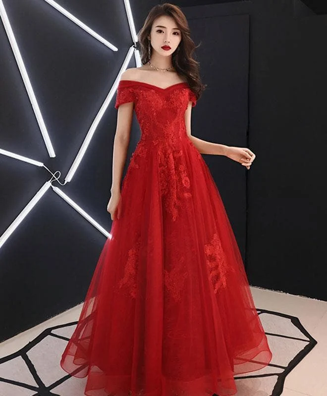 Unique Burgundy Off Shoulder Lace Long Prom Dress, Tulle Lace Evening Dress SP17034