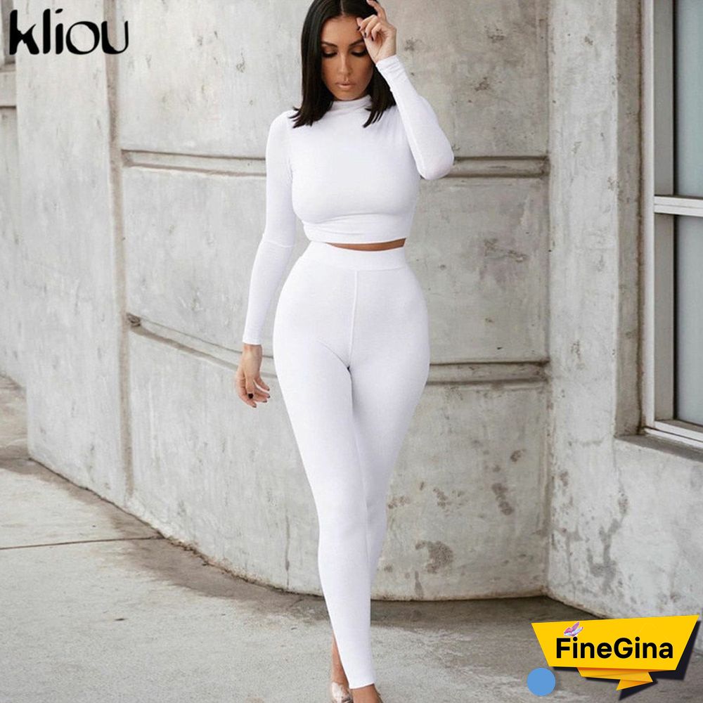 Kliou fashion tracksuit women turtleneck full sleeveless crop top+leggings matching set stretchy sporty fitness casual outfits