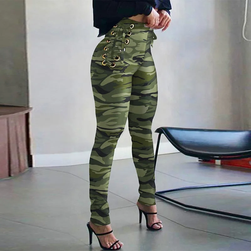 UForever21 Women Fashion Slim Bodycon Office Trousers  High Waist Spring Long Pants Spring New Camouflage Print Side Lace-Up Pants 2023